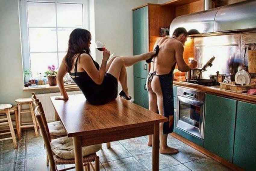 a mistress watching her slave cook