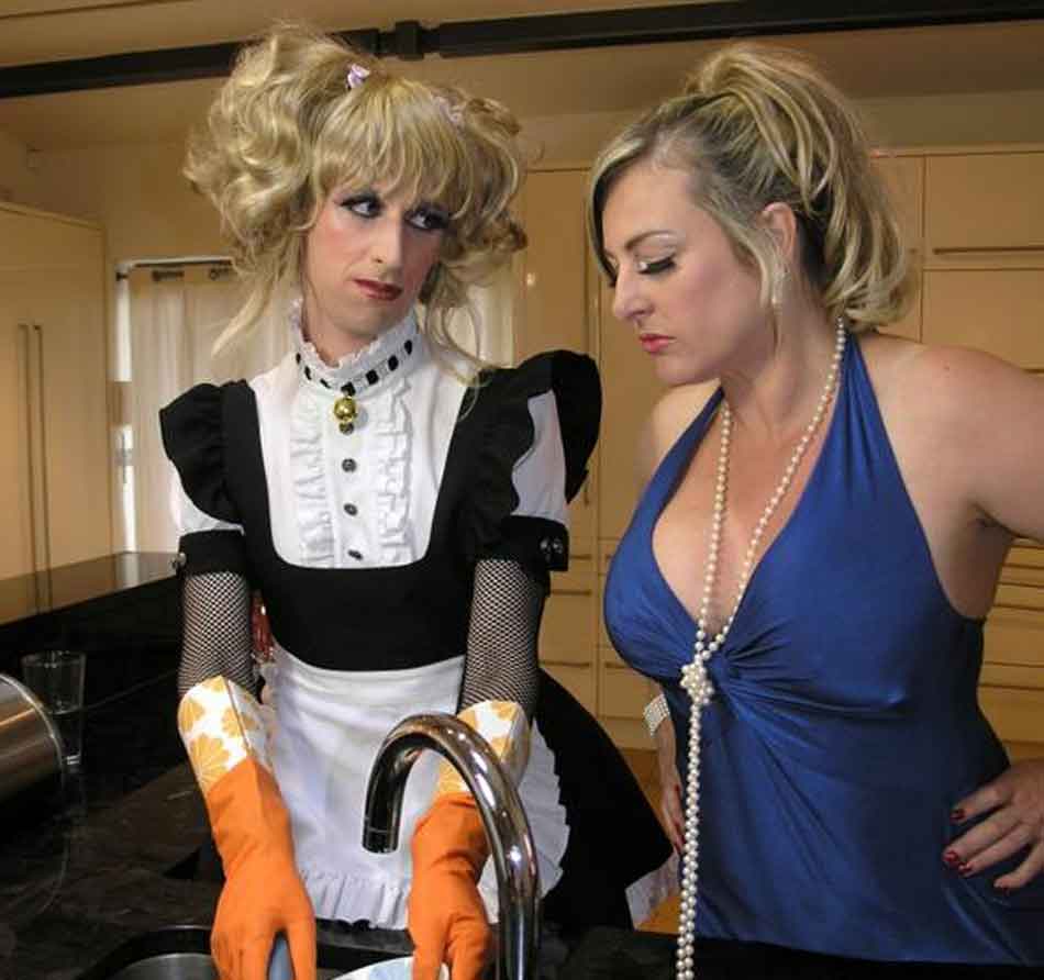 a mistress watches her sissy maid at the sink