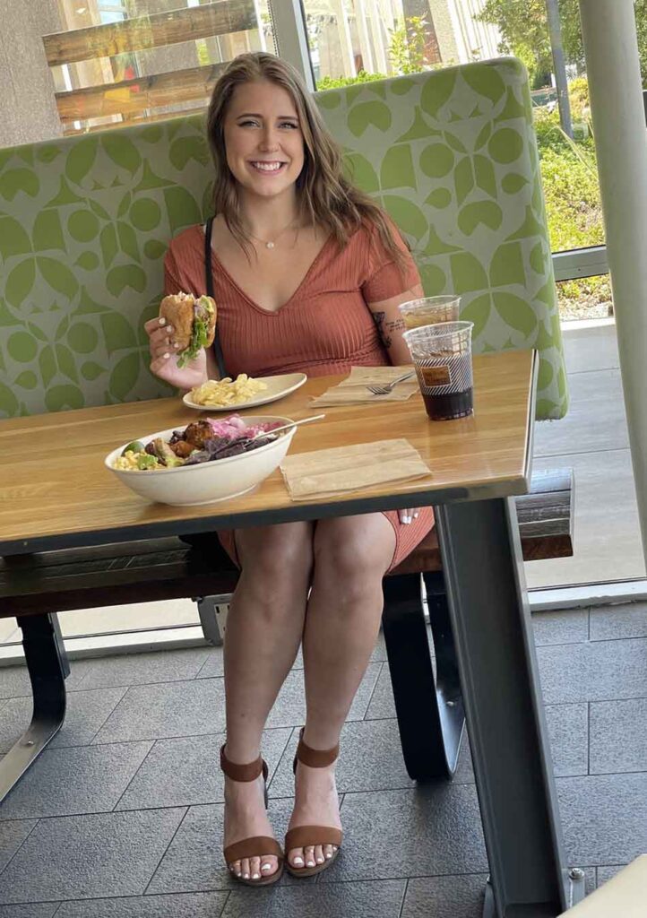 a female dominant eats out at restaurant